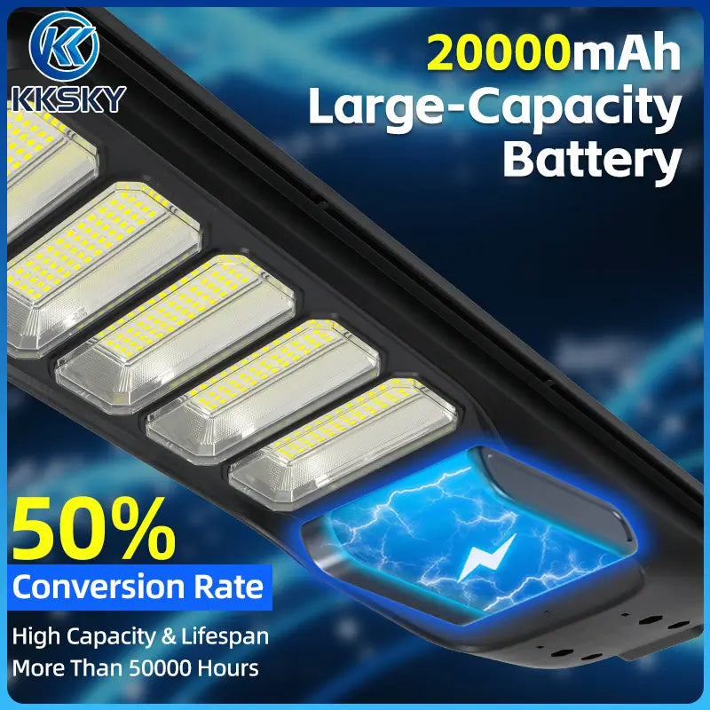20000mAh large capacity battery solar street light, high solar conversion rate, long lifespan over 50000 hours LED solar lamp