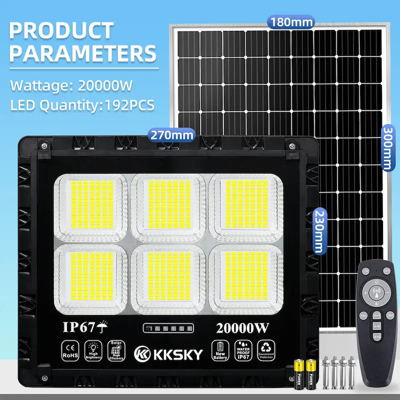 20000W Solar Lights Outdoor LED Waterproof 192 LED beads solar flood light with solar panel remote control IP67 waterproof