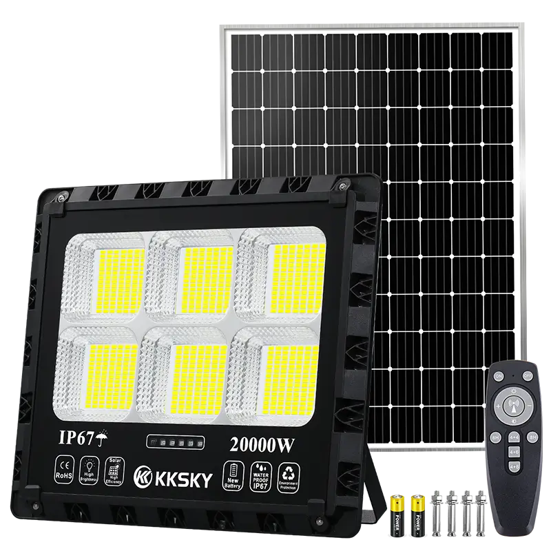 20000W solar LED flood light with separate solar panel, remote control and mounting hardware, IP67 waterproof outdoor solar floodlight for farm, garden and warehouse, white background