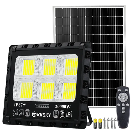 20000W solar LED flood light with separate solar panel, remote control and mounting hardware, IP67 waterproof outdoor solar floodlight for farm, garden and warehouse, white background