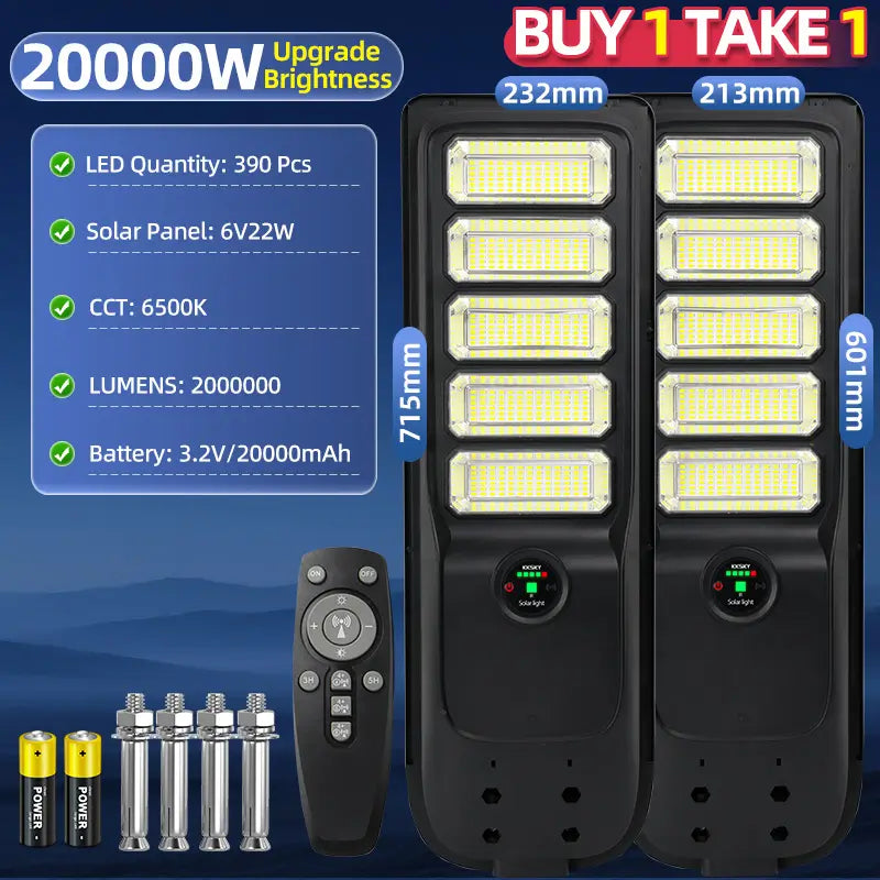 20000W solar street light buy 1 take 1 offer,390pcs high brightness LED beads,20000mAh battery with remote