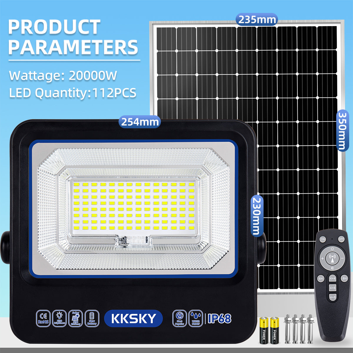 20000W solar street lights outdoor IP68 waterproof product parameter dimension chart with remote control