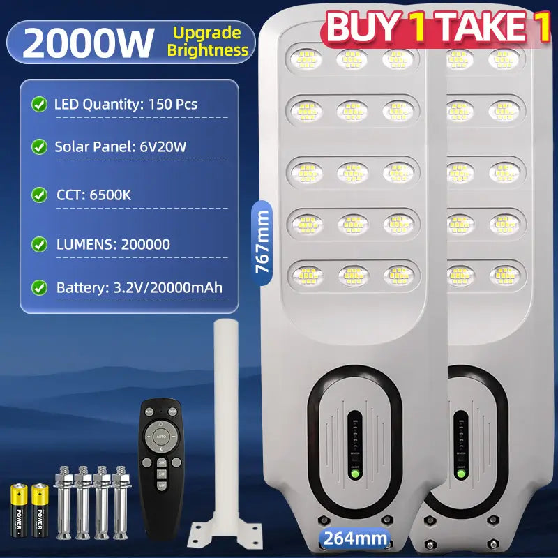KKSKY 500W-2000W Solar Street Light IP67 Waterproof Outdoor LED Flood Light Buy 1 Take 1 with Motion Sensor,Remote-Control,Dusk-to-dawn For Yard,Garden,Highway