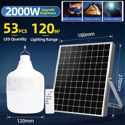 2000W hanging solar LED bulb with solar panel and remote control, outdoor solar light for camping, market stall and emergency blackout use