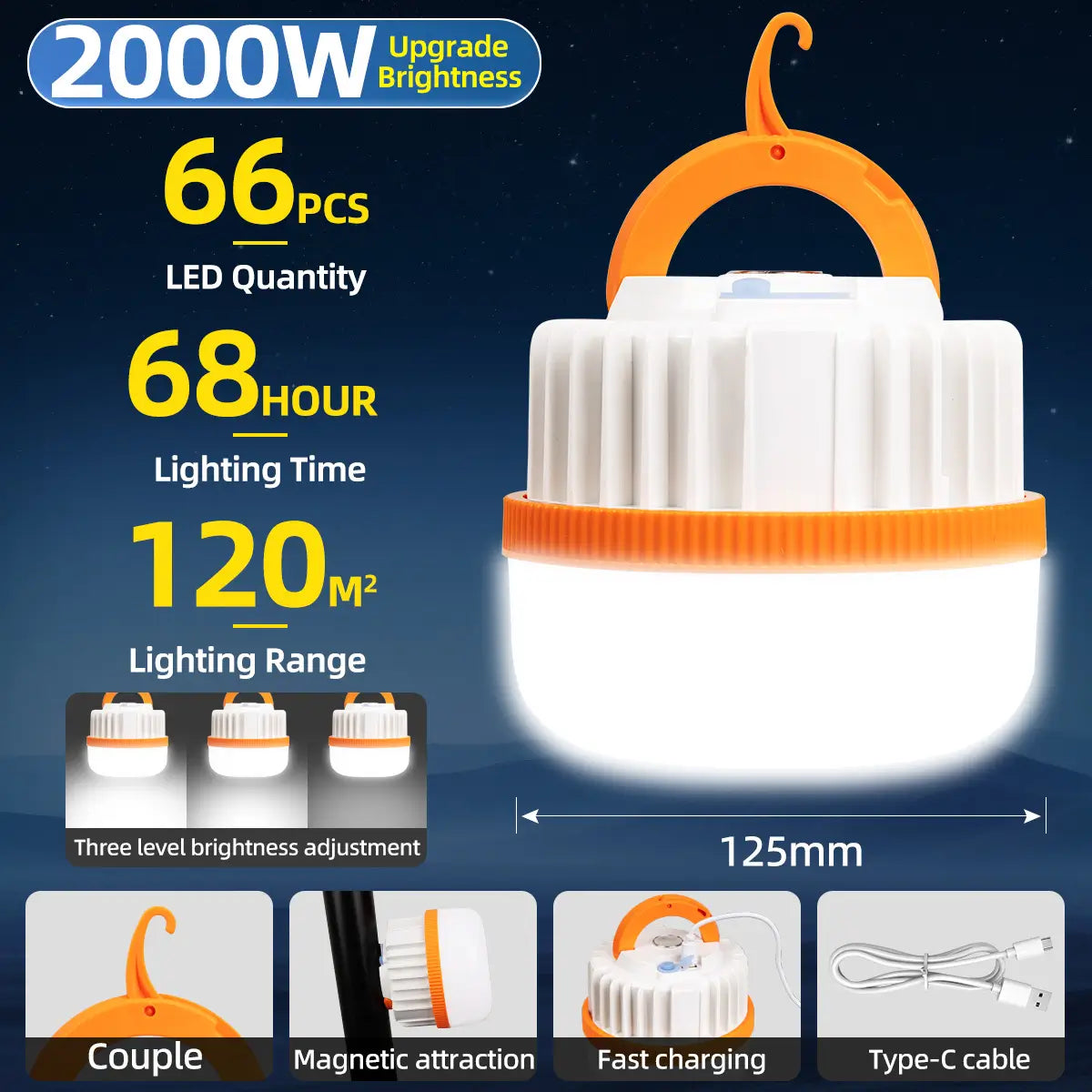 2000W portable rechargeable LED camping lantern with hook & magnetic base,66pcs LED beads,68‑hour lighting time,120㎡ illumination range,Type‑C fast charging
