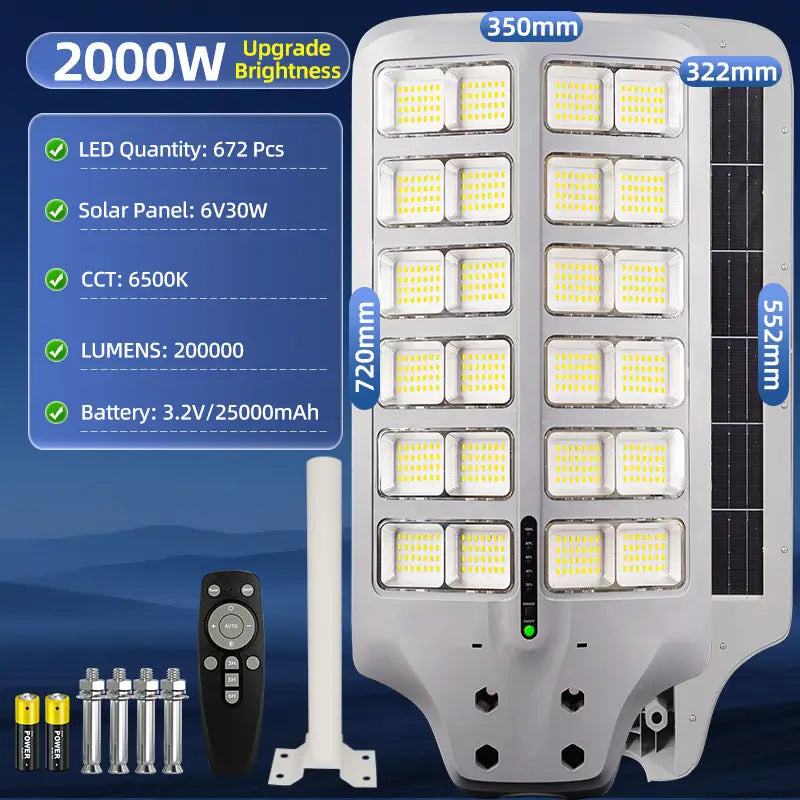 2000W solar street light full specifications, 672 LEDs, 25000mAh battery, 6V30W solar panel, high lumens outdoor solar lamp with remote