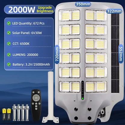 2000W solar street light full specifications, 672 LEDs, 25000mAh battery, 6V30W solar panel, high lumens outdoor solar lamp with remote