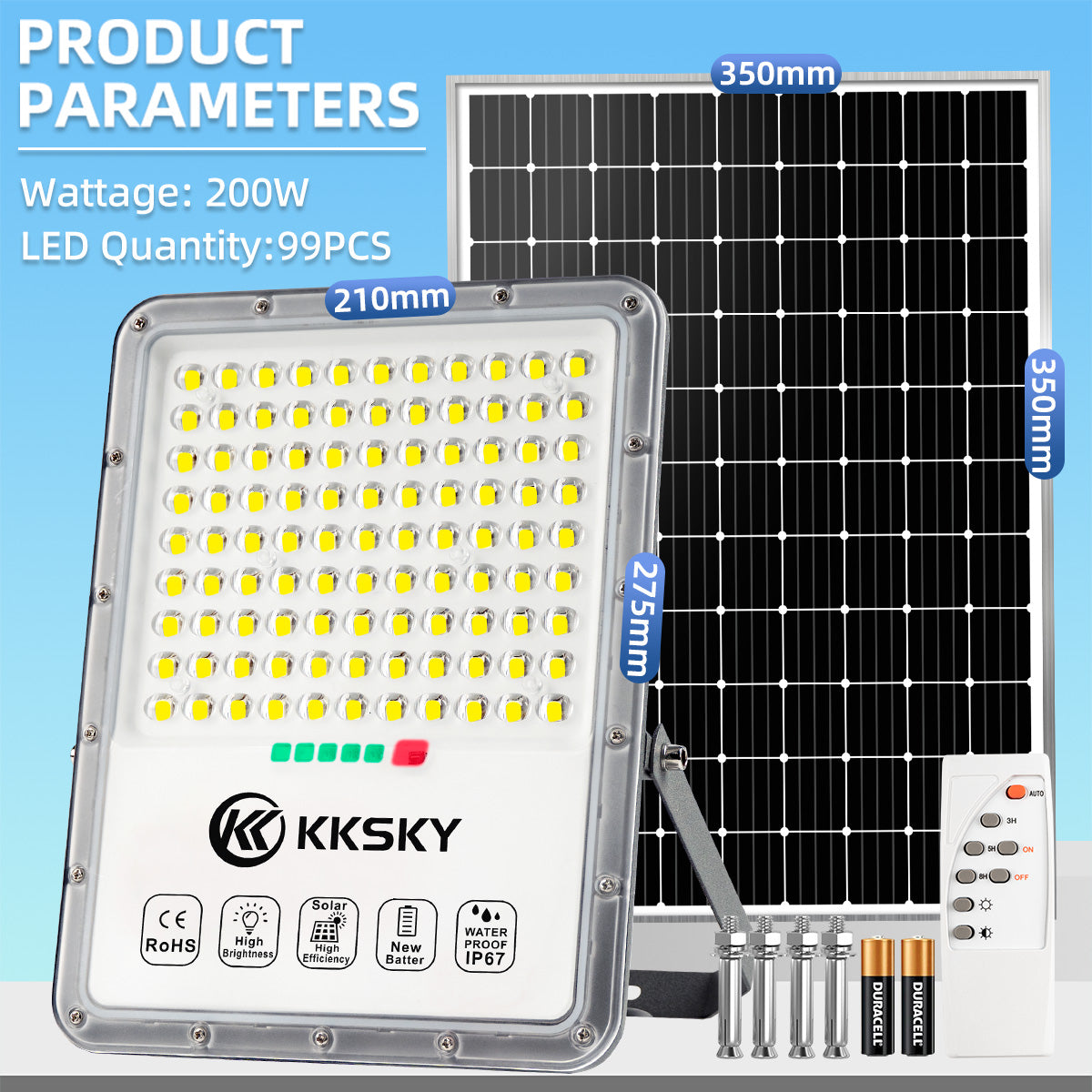 KKSKY Solar Light Metal Aluminum Shell Waterproof Outdoor Flood Street Lights 200 watts