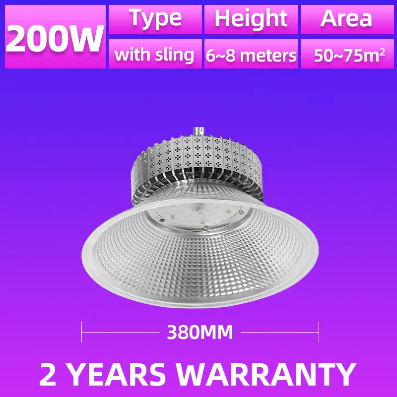 200W LED high bay light dimension specification, mounting height 6‑8 meters coverage 50‑75m² commercial industrial lamp