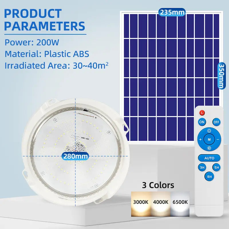 200W solar ceiling light with separate solar panel and remote controller, 3 CCT, ABS plastic, irradiation area 30-40 sqm, product specs diagram