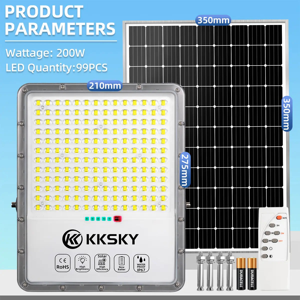 200W solar light waterproof outdoor flood street lights,99pcs LED, complete kit dimension, IP67 solar flood lamp with remote controller