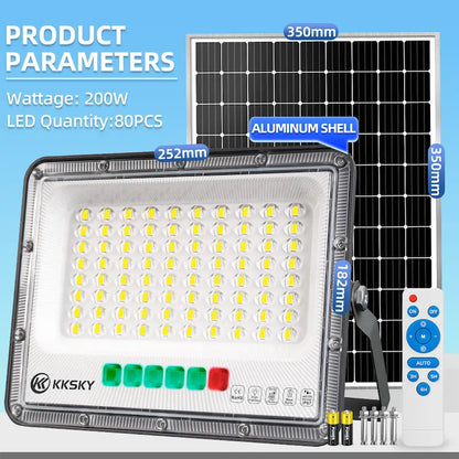 200W solar outdoor waterproof led flood street light product parameters,80pcs LED aluminum shell size diagram