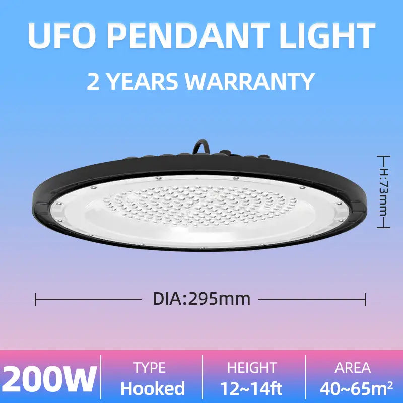 100W UFO pendant high bay light dimension specs, diameter 255mm hooked type industrial ceiling lamp