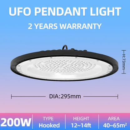 100W UFO pendant high bay light dimension specs, diameter 255mm hooked type industrial ceiling lamp