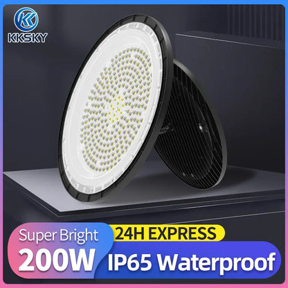 200W UFO LED high bay light super bright, die‑cast aluminum housing IP65 waterproof industrial overhead light