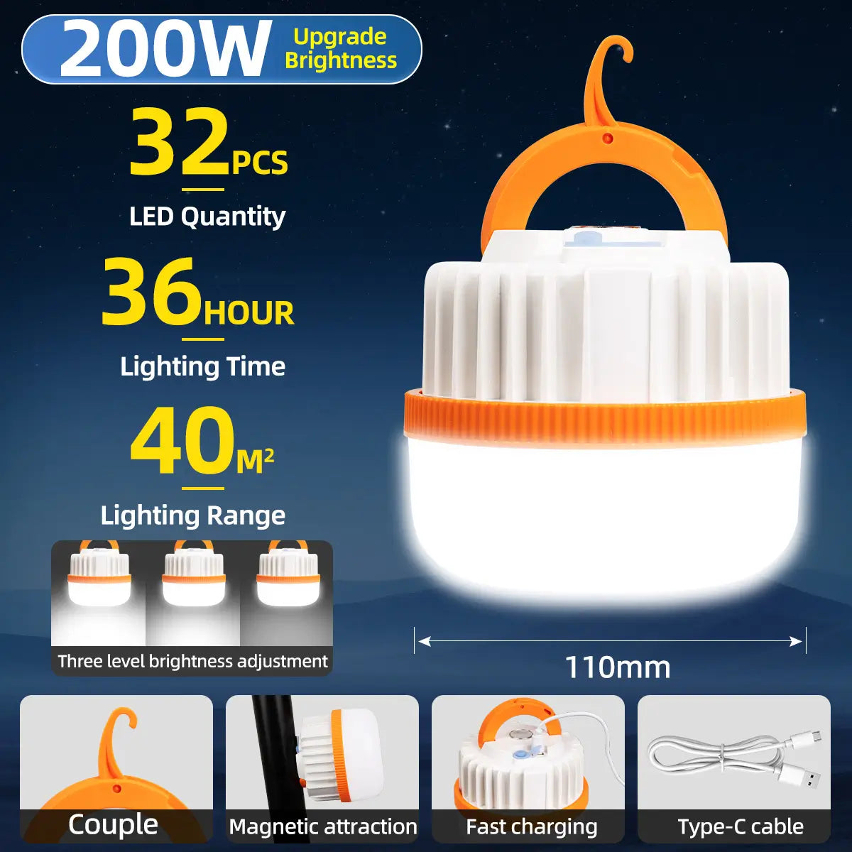 200W USB‑C rechargeable LED camping light, magnetic hanging tent lantern,32pcs LED beads,36hrs working time,40㎡ lighting coverage,3‑level brightness adjustment