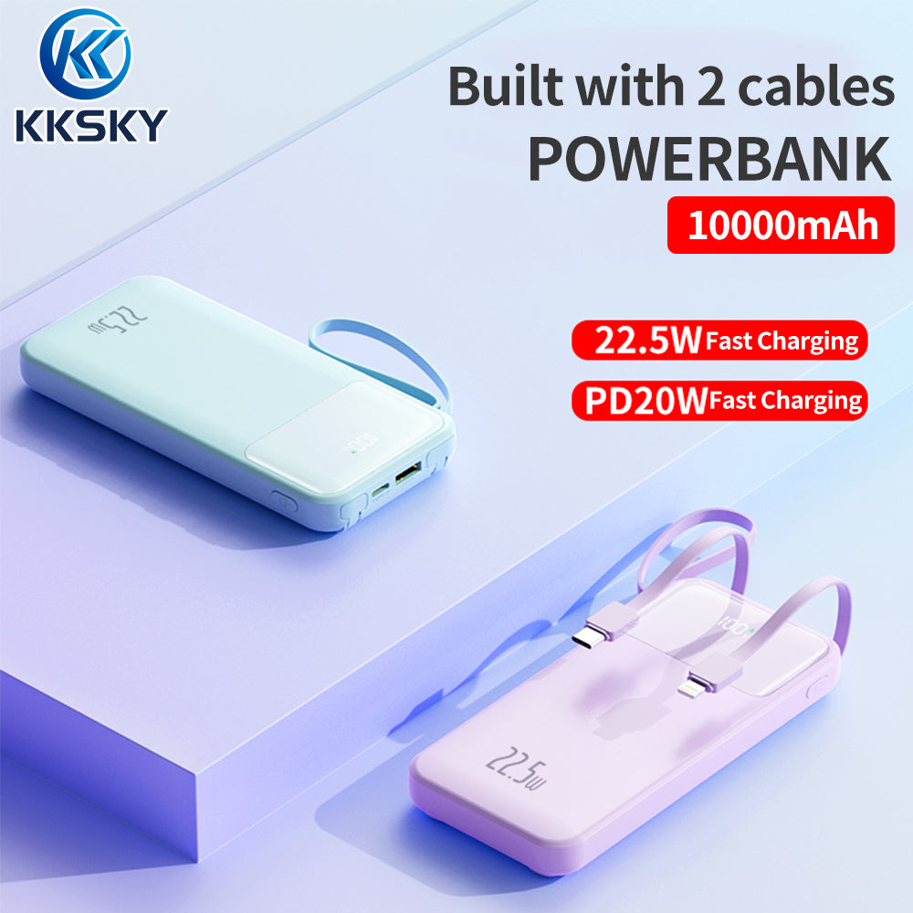 KKSKY 10000mAh Powerbank Built-in Cable Large Screen Digital LED Display Powerbank Slim and Portable Power Bank Original 2 Output Powerbank Built in Type-C and Lightning Cable Compatible With iPhone HUAWEI Samsung Xiaomi OPPO Vivo