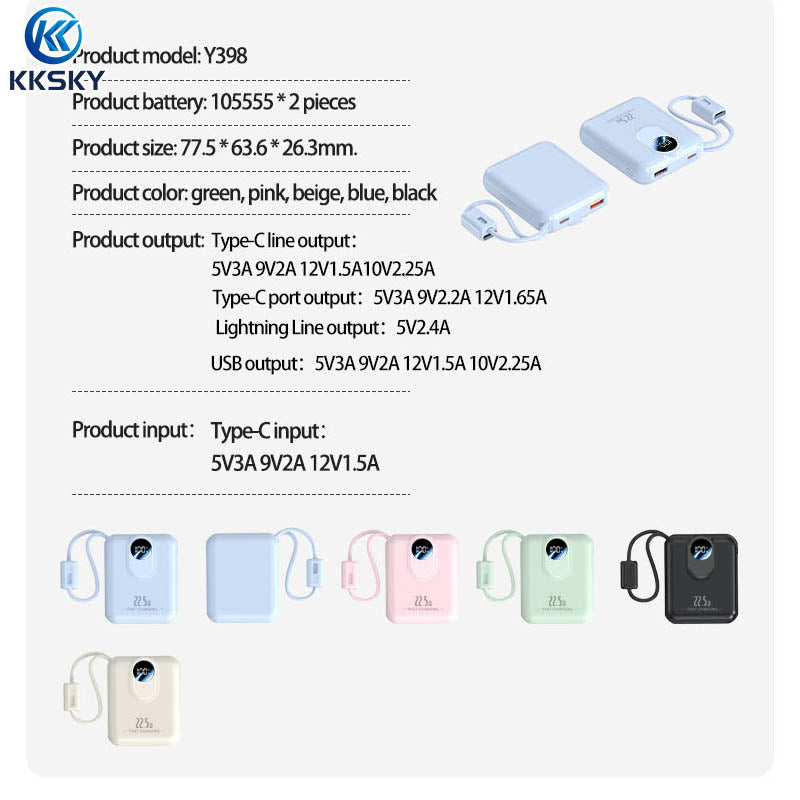 KKSKY PD22.5w Portable Powerbank Fast Charging 10000mah Original 2.1a Quick Charge Dual Input & Usb Output Compatible For Smartphones Built With 2 Cables Type-c/Lighting