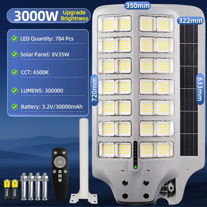 3000W solar street light specs sheet,784 LED beads,30000mAh large battery,6V35W solar panel,6500K daylight, remote control included