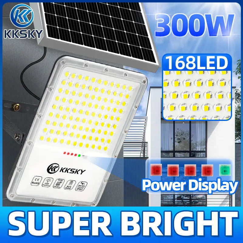 300W solar light waterproof outdoor flood street lights 168 LED super bright solar flood lamp with battery power display