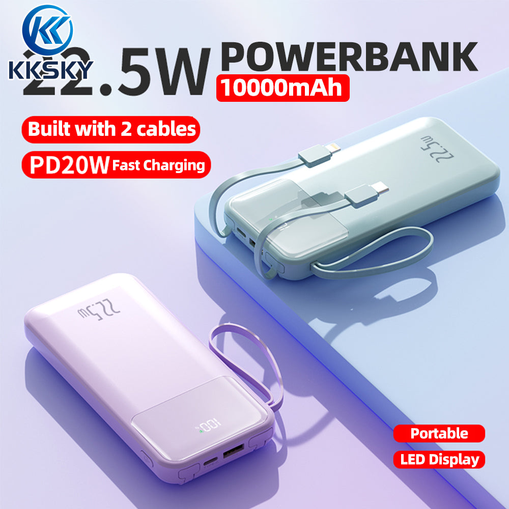 KKSKY 10000mAh Powerbank Built-in Cable Large Screen Digital LED Display Powerbank Slim and Portable Power Bank Original 2 Output Powerbank Built in Type-C and Lightning Cable Compatible With iPhone HUAWEI Samsung Xiaomi OPPO Vivo