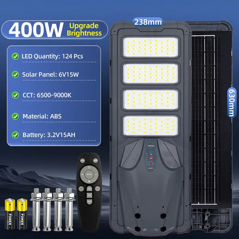 400W All In One Solar Street Light Outdoor Waterproof Spec Sheet,124 LED beads,6V15W solar panel,3.2V15AH battery with remote control