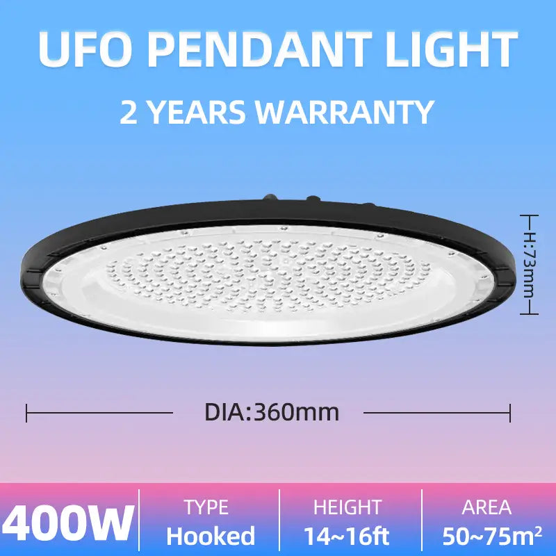 400W UFO pendant high bay light dimension specs, diameter 360mm hooked high power industrial lamp