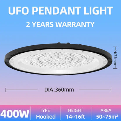400W UFO pendant high bay light dimension specs, diameter 360mm hooked high power industrial lamp