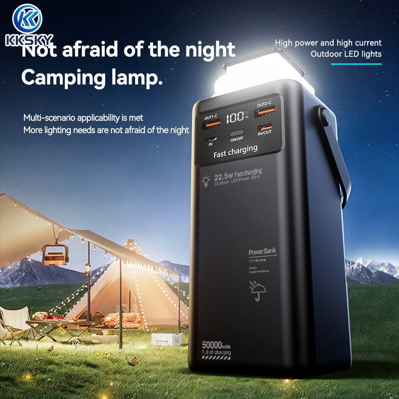 KKSKY Built in 4 Cable 22.5W 50000mAh Power Bank Large capacity Fast Charging Portable Powerbank for travel Camping with LED light and LED Display