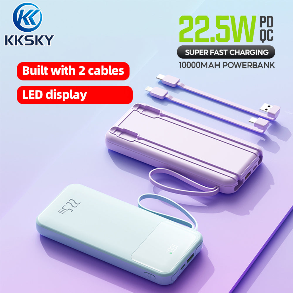 KKSKY 10000mAh Powerbank Built-in Cable Large Screen Digital LED Display Powerbank Slim and Portable Power Bank Original 2 Output Powerbank Built in Type-C and Lightning Cable Compatible With iPhone HUAWEI Samsung Xiaomi OPPO Vivo