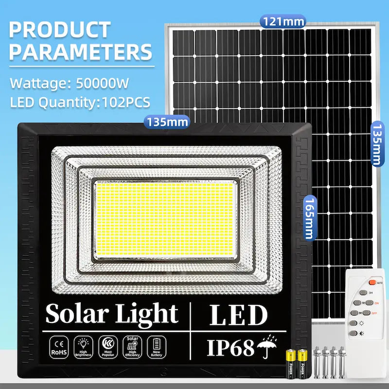 50000W IP68 waterproof outdoor solar flood light,102pcs LED, dimension specs with solar panel, remote and mounting hardware kit