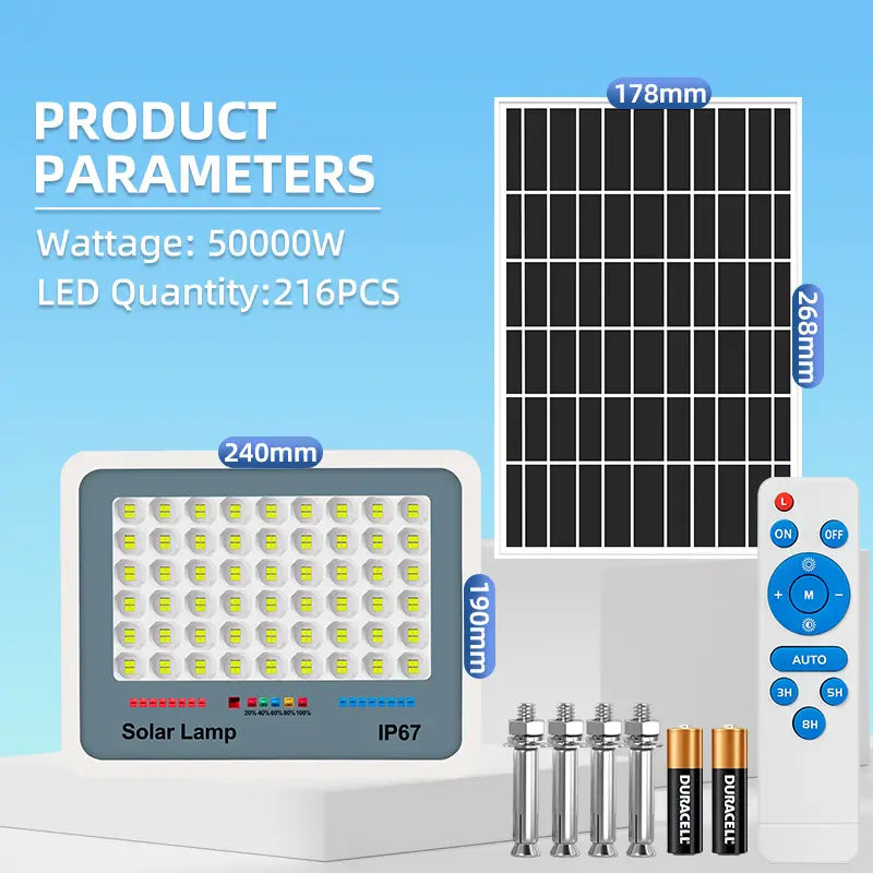 50000w solar light outdoor waterproof flood street light, specification dimensions, full installation accessories with remote controller