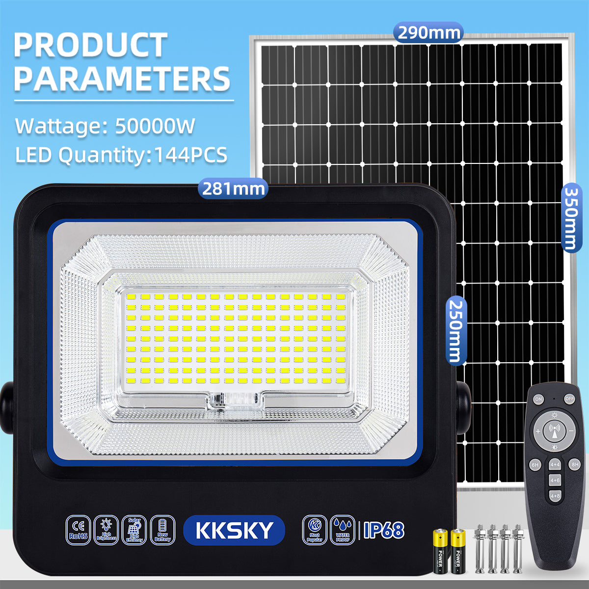 50000W solar street lights outdoor IP68 waterproof product parameter dimension chart with remote control