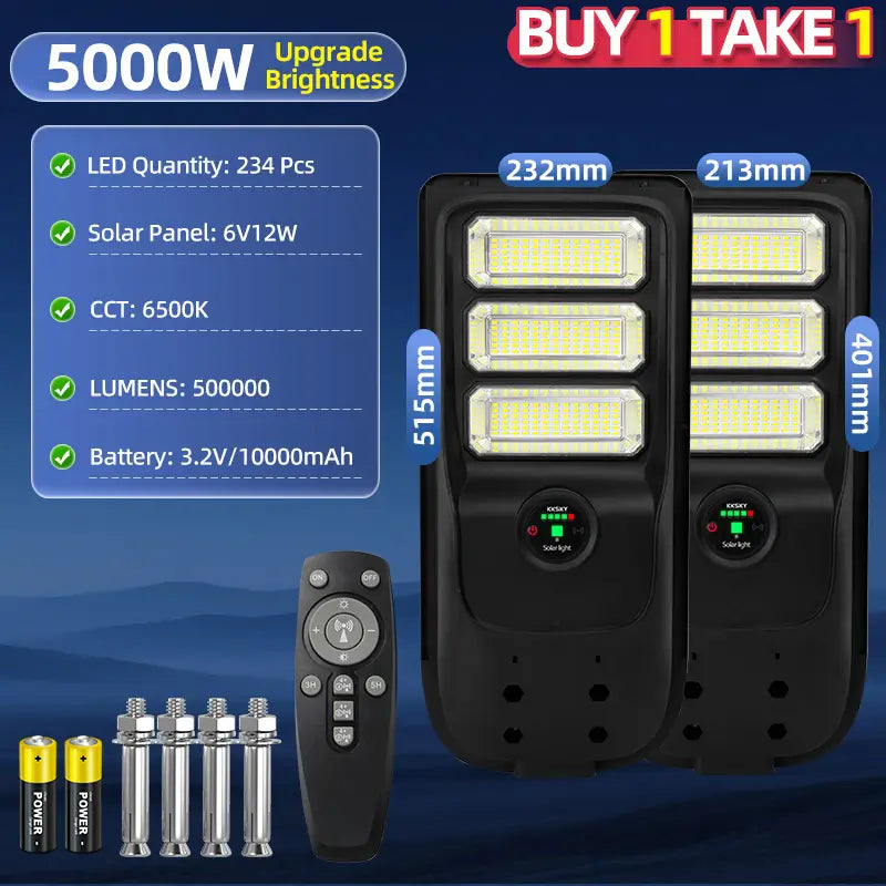 5000W solar street light buy 1 take 1 bundle,234pcs LED beads,remote control and installation hardware included