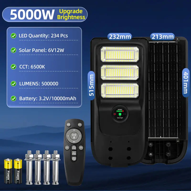 5000W all in one solar street light,front LED light and rear solar panel view with specification parameters