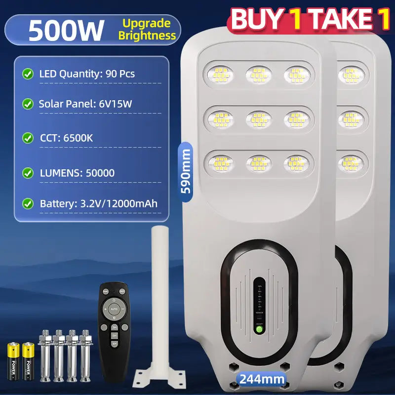 KKSKY 500W-2000W Solar Street Light IP67 Waterproof Outdoor LED Flood Light Buy 1 Take 1 with Motion Sensor,Remote-Control,Dusk-to-dawn For Yard,Garden,Highway