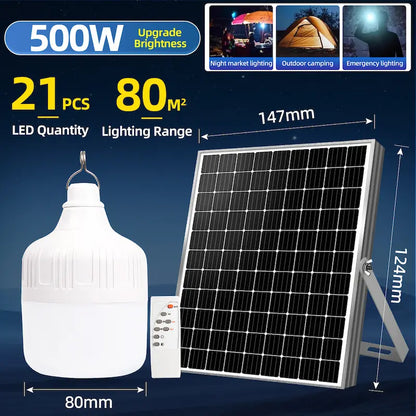 500W portable solar LED bulb kit with solar panel and remote control, IP65 waterproof hanging solar light for night market, camping and emergency lighting in Philippines
