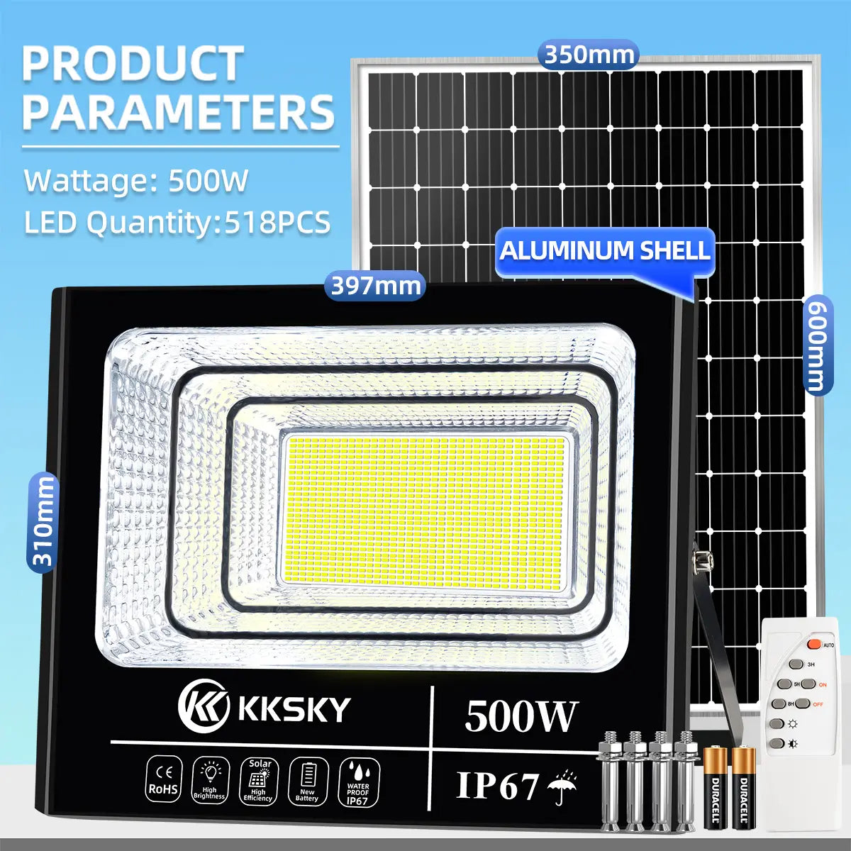 500W KKSKY solar flood light with 5-year warranty