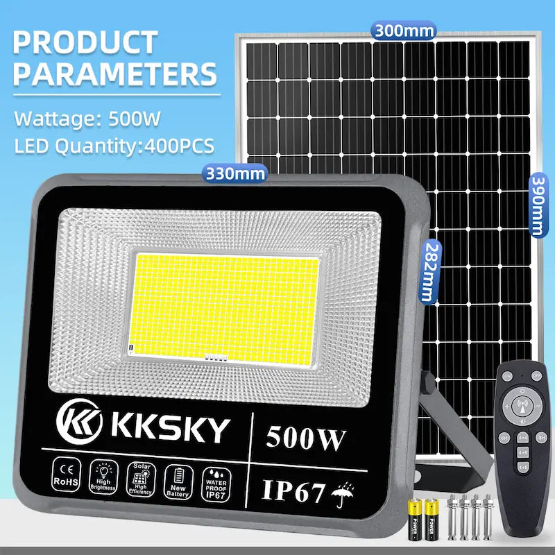 500W heavy duty solar flood light IP67 product size parameters,400pcs LED beads outdoor solar street light with remote