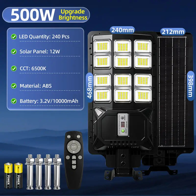 500W upgrade solar street light specs, 240pcs LED chips,10000mAh battery, solar panel, remote control and installation mounting screws