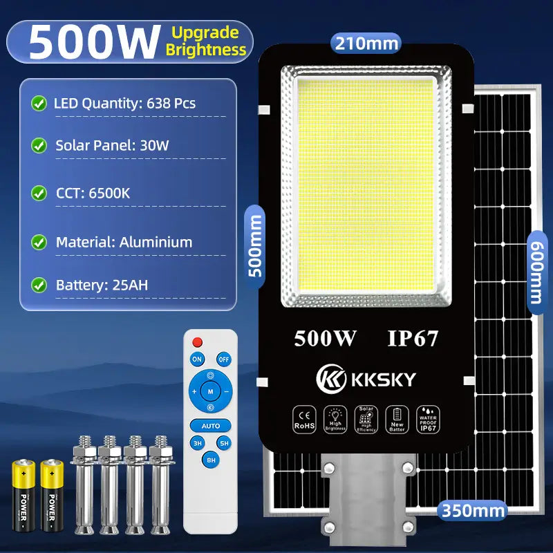 500W KKSKY solar street light complete specifications, IP67 outdoor solar light, 30W solar panel 25AH battery, remote controller and mounting screws