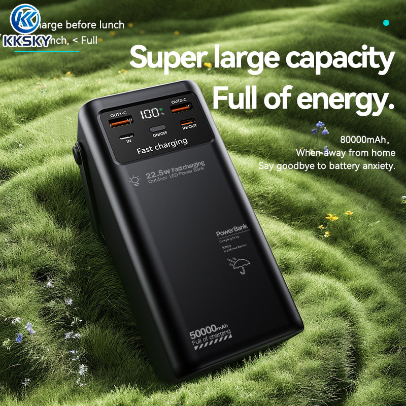 KKSKY Built in 4 Cable 22.5W 50000mAh Power Bank Large capacity Fast Charging Portable Powerbank for travel Camping with LED light and LED Display