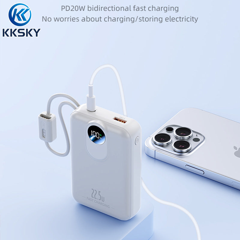 KKSKY 20000 mAh PD22.5w Portable Powerbank Fast Charging Original 2.1a Quick Charge Dual Input & Usb Output Compatible For Smartphones Built With 2 Cables Type-c/Lighting