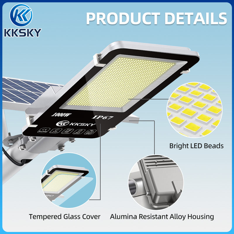 KKSKY Outdoor Lighting solar led flood lights heavy duty street light with solar panel Remote 1000W