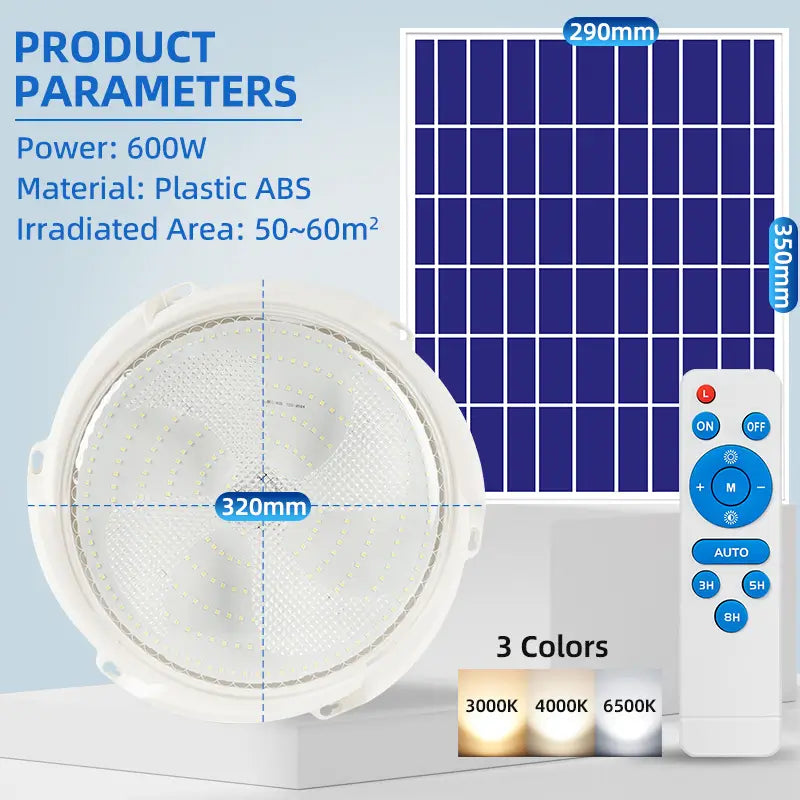 600W solar ceiling light with separate solar panel and remote control, 3 color temperature, ABS plastic, covers 50~60 sqm, product specification image