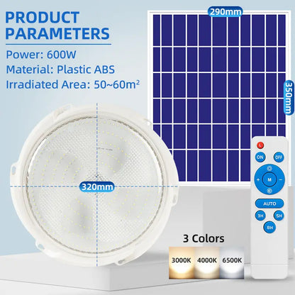 600W solar ceiling light with separate solar panel and remote control, 3 color temperature, ABS plastic, covers 50~60 sqm, product specification image