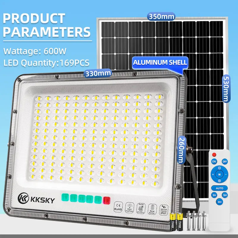 600W solar outdoor waterproof led flood street light product parameters,169pcs LED aluminum shell size info