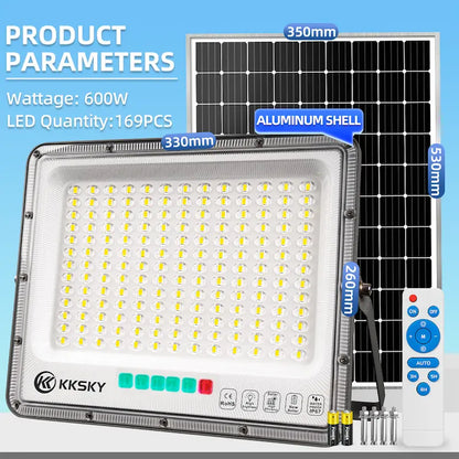 600W solar outdoor waterproof led flood street light product parameters,169pcs LED aluminum shell size info