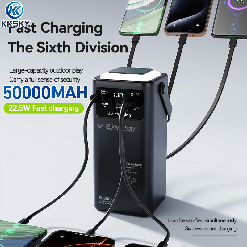 KKSKY Built in 4 Cable 22.5W 50000mAh Power Bank Large capacity Fast Charging Portable Powerbank for travel Camping with LED light and LED Display