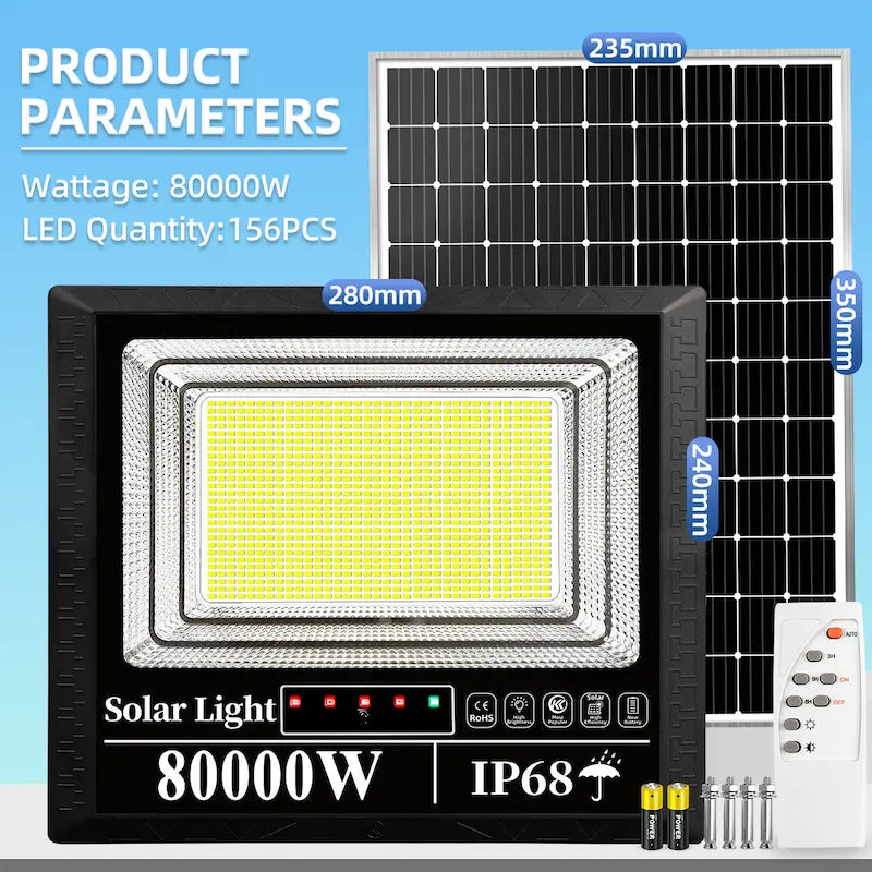 80000W IP68 outdoor solar flood light,156pcs LED chips, complete set dimension, solar panel, remote control and installation accessories